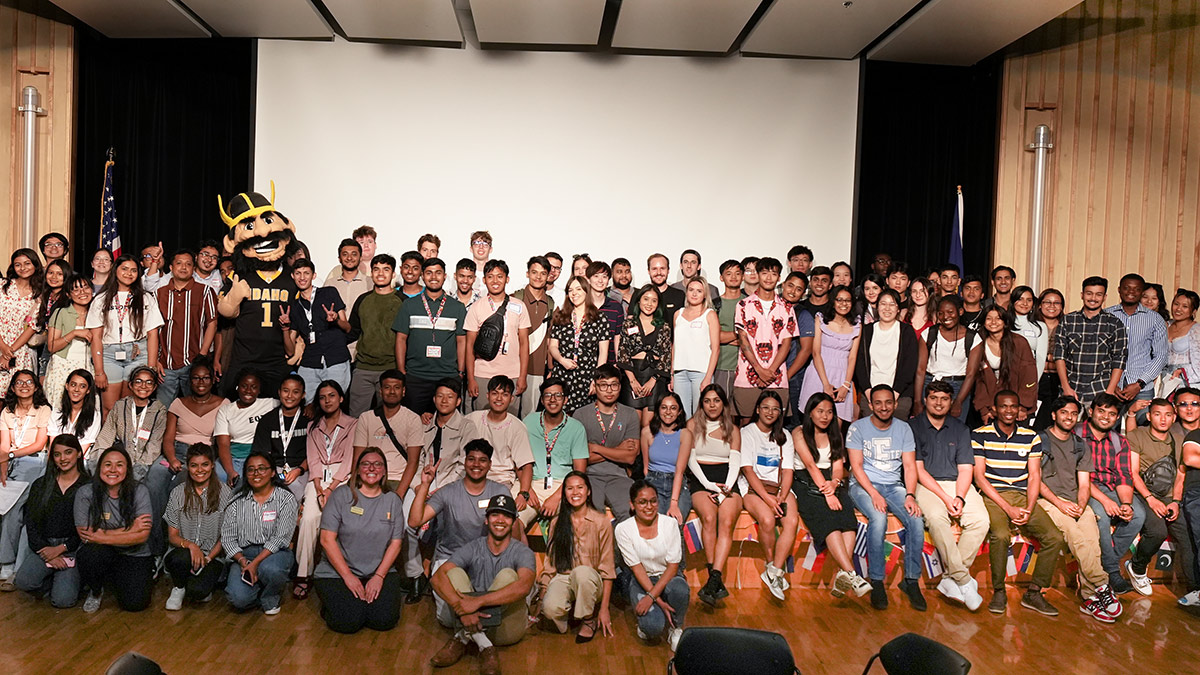 International students and Joe Vandal at the international student orientation.