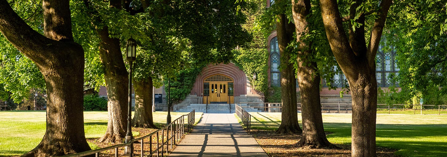 A path along Admin Lawn shaded by trees, leading to the north doors of the Administration Building.