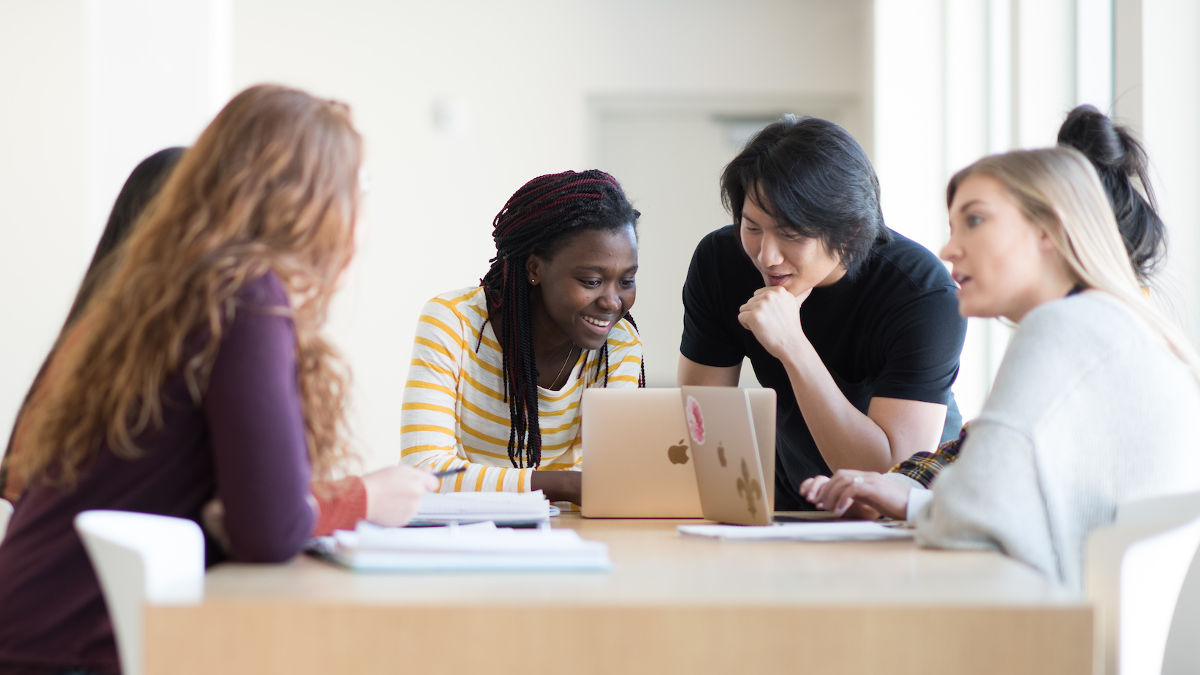 Group of diverse students studying in bright room.