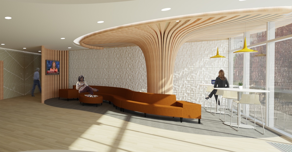 Rendering of a waiting area with a mounted tv, curing orange sofa and two cafeteria tables. 