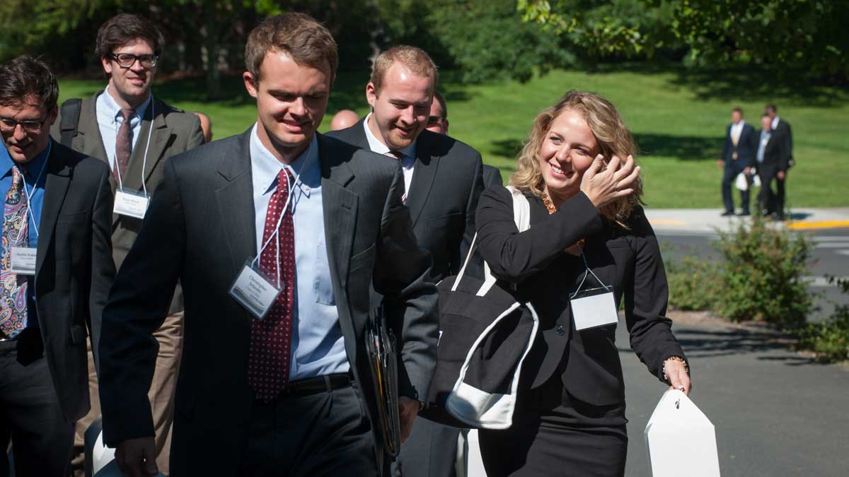 law students walking on campus