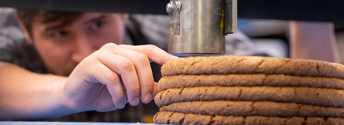 Student looks at 3D-printed wood material