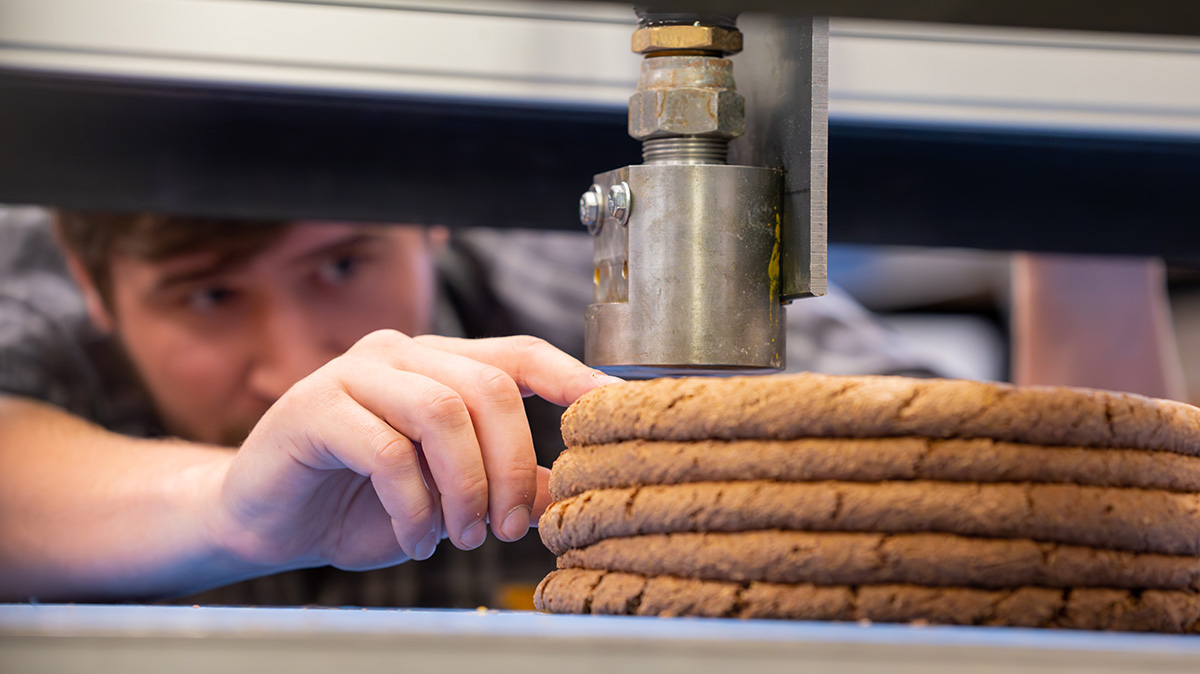 Student looks at 3D-printed wood material