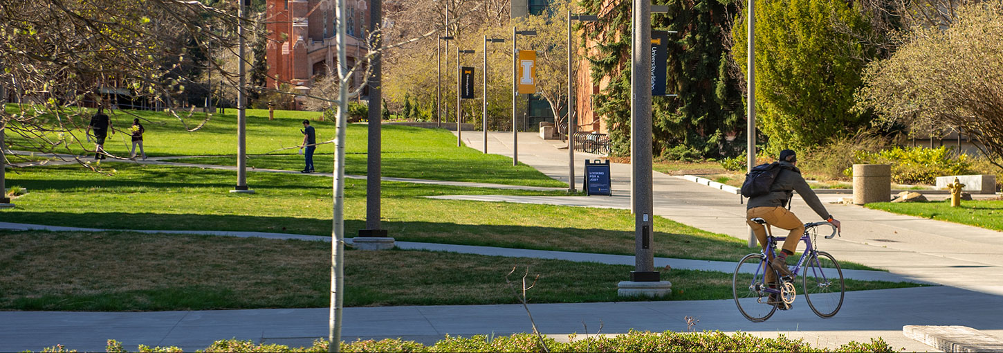 A student rides a bike on campus.